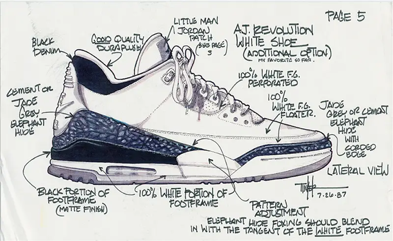 Croquis de la Air Jordan 3 réalisé par Tinker Hatfield